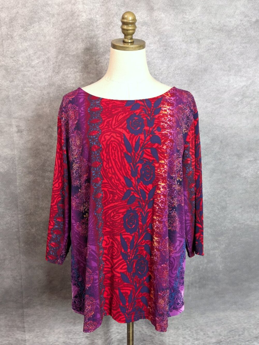Bob Mackie Wearable Art Multi-Floral Bell Sleeve Boho Tunic Blouse XL Purple Red